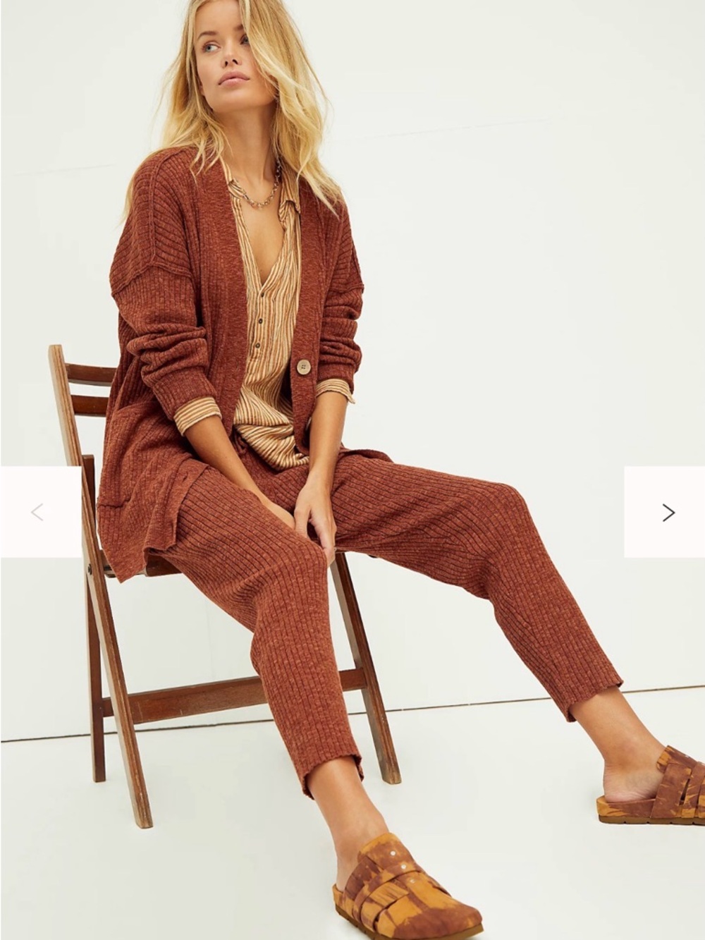 FP Beach Maiya Rust Brown Knit 2-Piece Set V-Neck Button Cardigan & Pants S/P